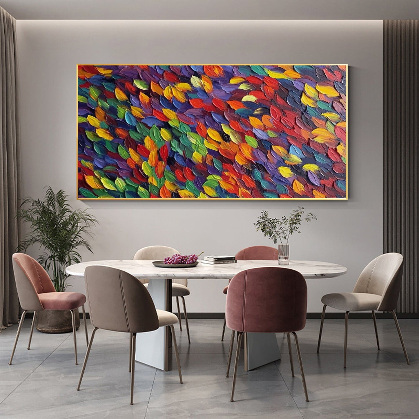 Abstract Impasto Botanical Leaf Wall Art – Original Rainbow
