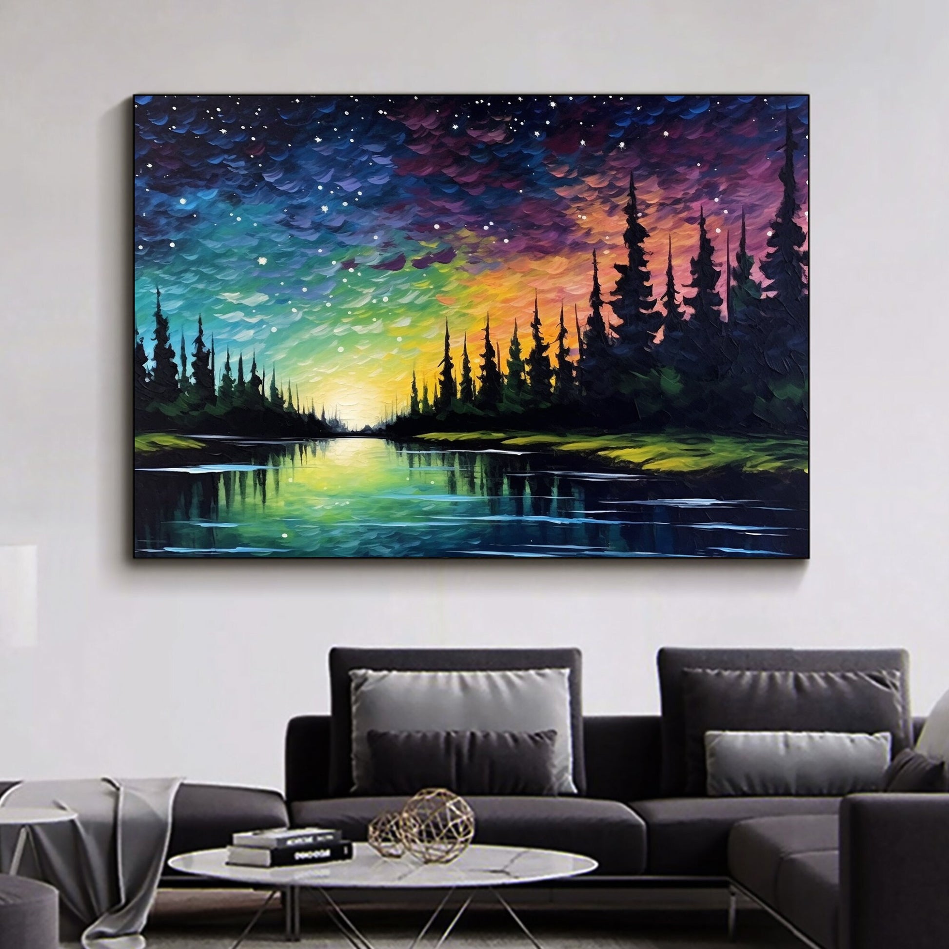 Original Northern Lights – Colorful Lake Landscape Wall Art | Abstract Oil Painting, view 2