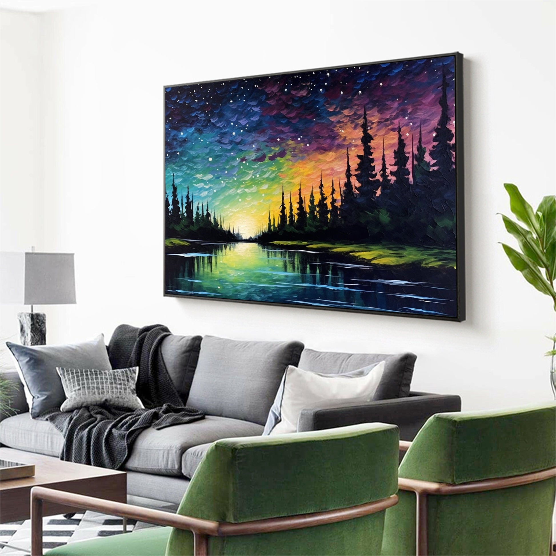 Original Northern Lights – Colorful Lake Landscape Wall Art | Abstract Oil Painting, view 3