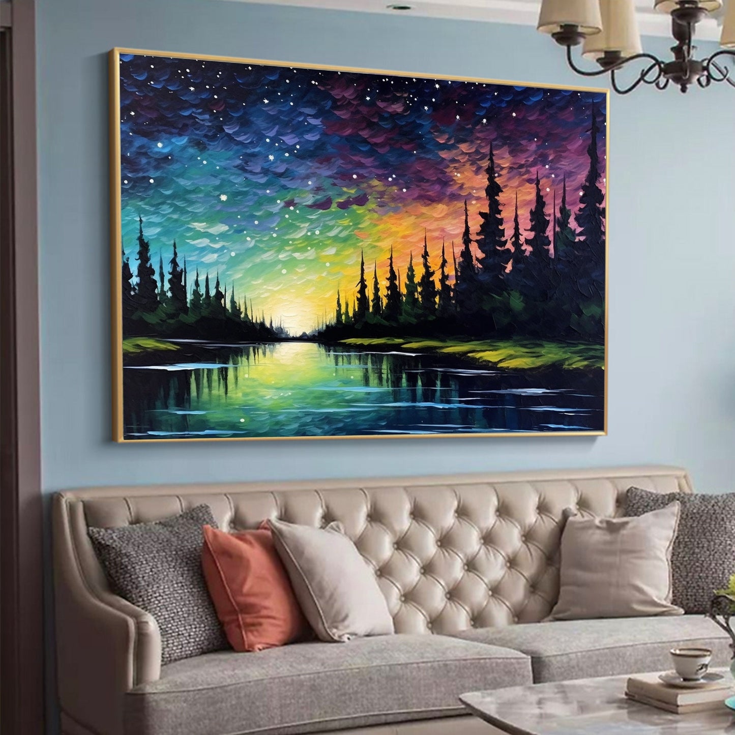 Original Northern Lights – Colorful Lake Landscape Wall Art | Abstract Oil Painting, view 4