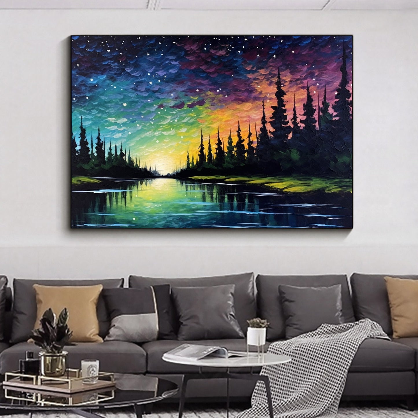 Original Northern Lights – Colorful Lake Landscape Wall Art | Abstract Oil Painting, view 5