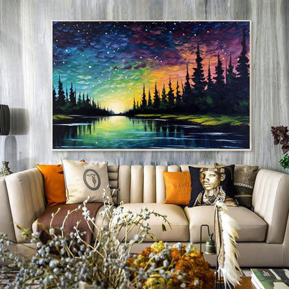 Colorful Abstract Lake Landscape Wall Art – Original Northern Lights