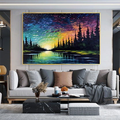 Colorful Abstract Lake Landscape Wall Art – Original Northern Lights