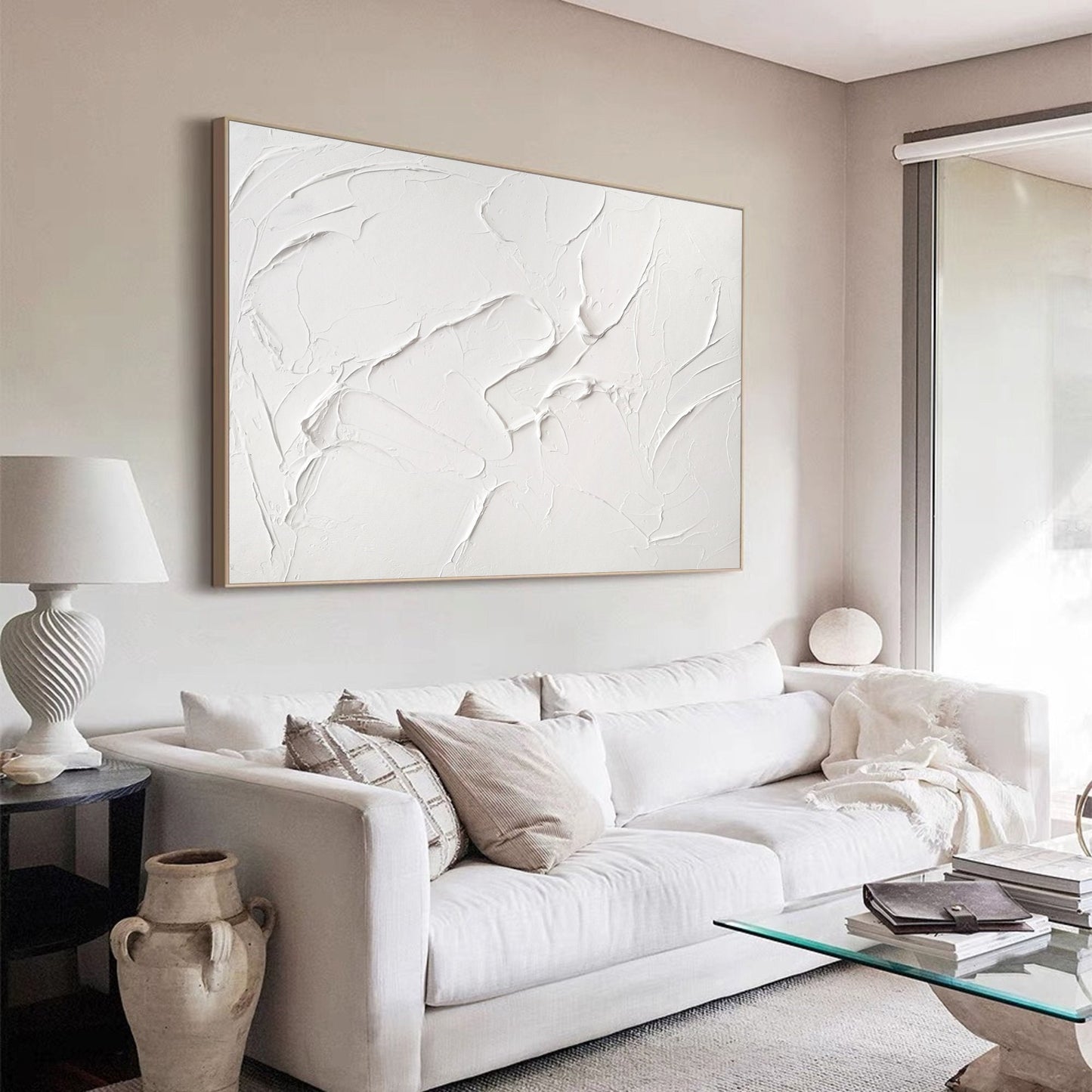 White Textured Wall Art – Minimalist Plaster Painting on Canvas – Abstract Painting