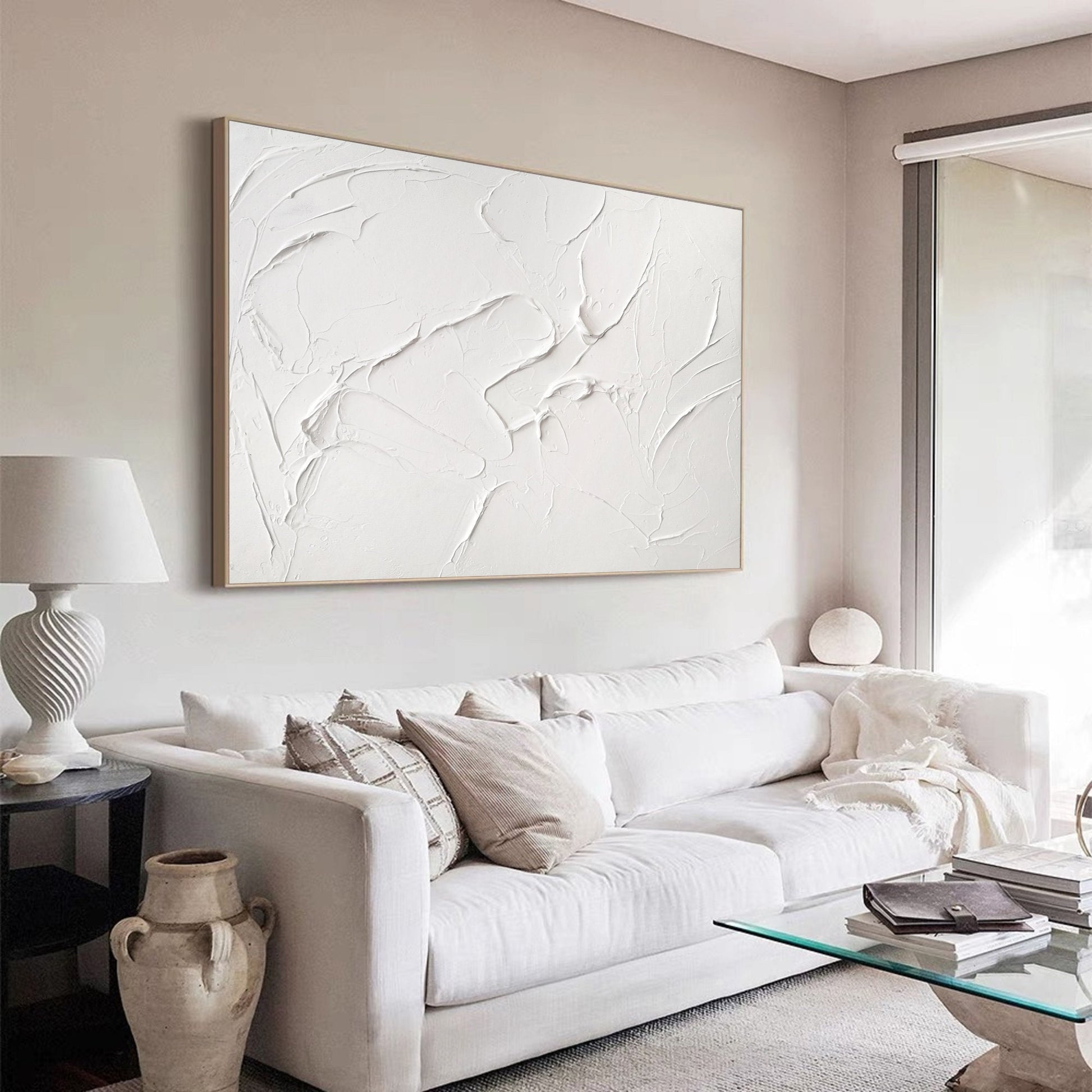 White Textured Wall Art – Minimalist Plaster Painting on Canvas – Abstract Painting