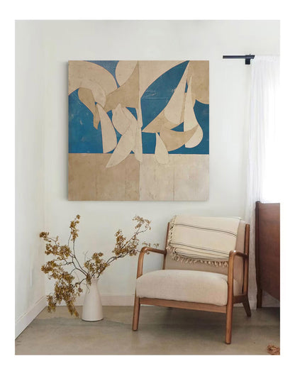 Blue Beige Organic Shape Wall Art Abstract Textured Canvas Painting for Modern Entryway Decor