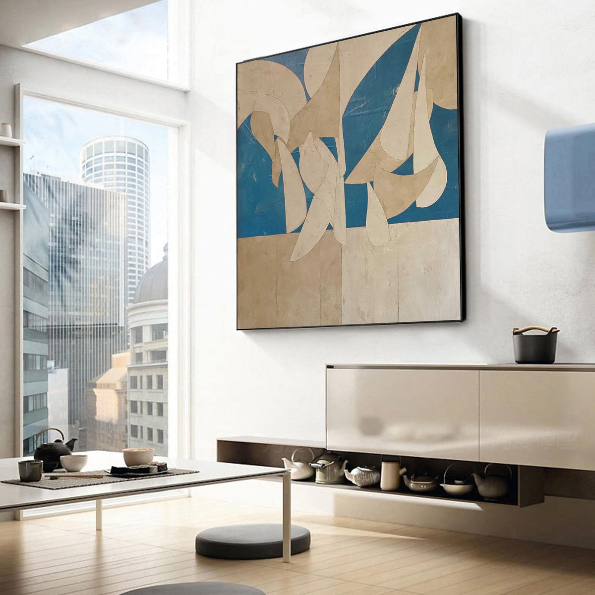Blue Beige Organic Shape Wall Art Abstract Textured Canvas Painting for Modern Entryway Decor