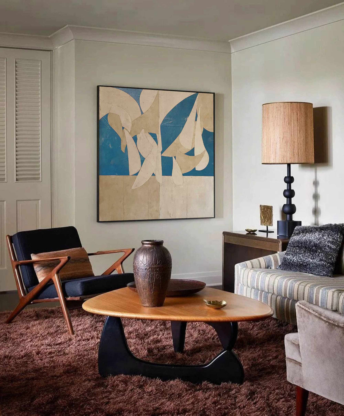 Blue Beige Organic Shape Wall Art Abstract Textured Canvas Painting for Modern Entryway Decor