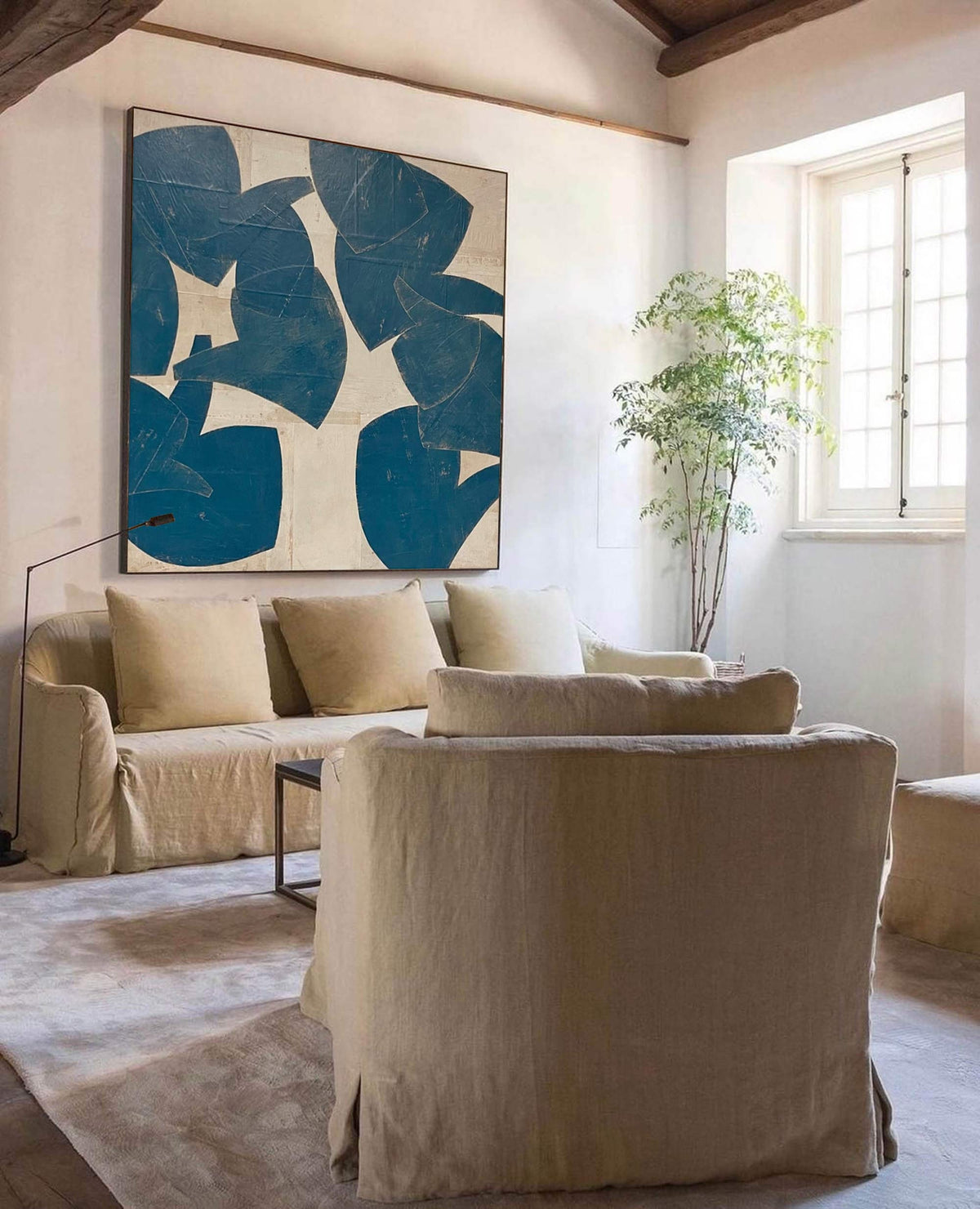 Blue Beige Organic Shape Wall Art Abstract Botanical Canvas Painting for Living Room Decor