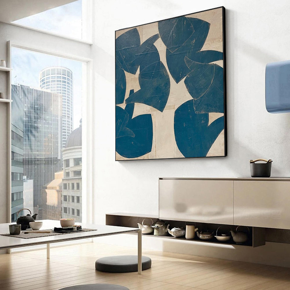 Blue Beige Organic Shape Wall Art Abstract Botanical Canvas Painting for Living Room Decor