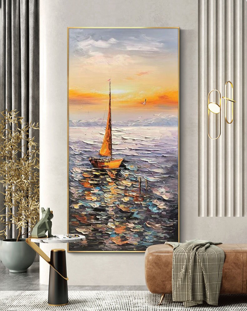 Large Abstract Sailboat Oil Painting on Canvas, Original Hand-painted Seascape Canvas Art, Modern Nautical Wall Art for Living Room Bedroom