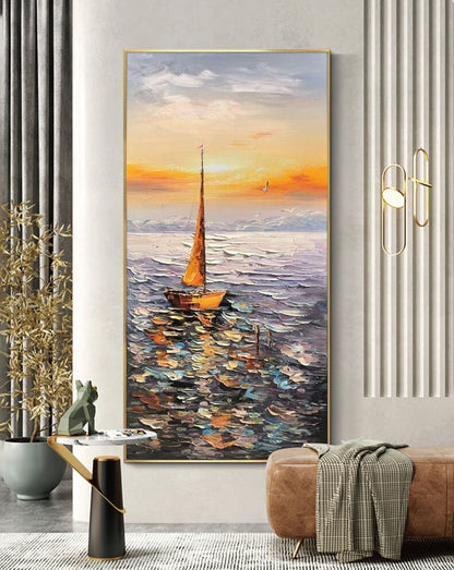Large Abstract Sailboat Oil Painting on Canvas, Original Hand-painted Seascape Canvas Art, Modern Nautical Wall Art for Living Room Bedroom
