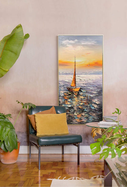 Large Abstract Sailboat Oil Painting on Canvas, Original Hand-painted Seascape Canvas Art, Modern Nautical Wall Art for Living Room Bedroom