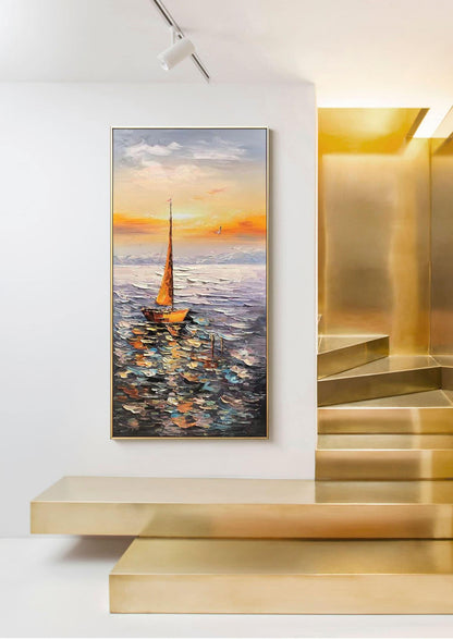 Large Abstract Sailboat Oil Painting on Canvas, Original Hand-painted Seascape Canvas Art, Modern Nautical Wall Art for Living Room Bedroom
