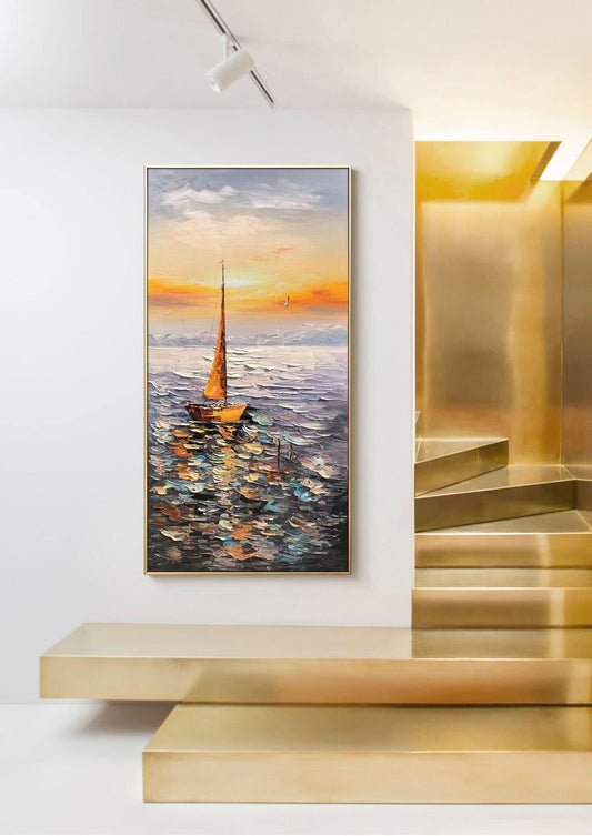 Large Abstract Sailboat Oil Painting on Canvas, Original Hand-painted Seascape Canvas Art, Modern Nautical Wall Art for Living Room Bedroom