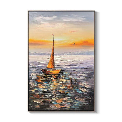 Abstract Seascape Oil Painting on Canvas, Original Sailboat and Sunrise Canvas Wall Art, Ocean Art, Modern Nautical Wall Art for Living Room