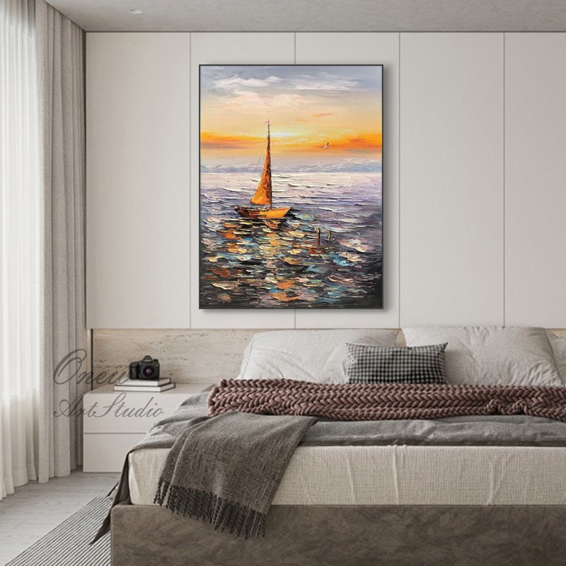 Abstract Seascape Oil Painting on Canvas, Original Sailboat and Sunrise Canvas Wall Art, Ocean Art, Modern Nautical Wall Art for Living Room