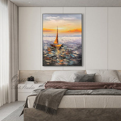 Abstract Seascape Oil Painting on Canvas, Original Sailboat and Sunrise Canvas Wall Art, Ocean Art, Modern Nautical Wall Art for Living Room