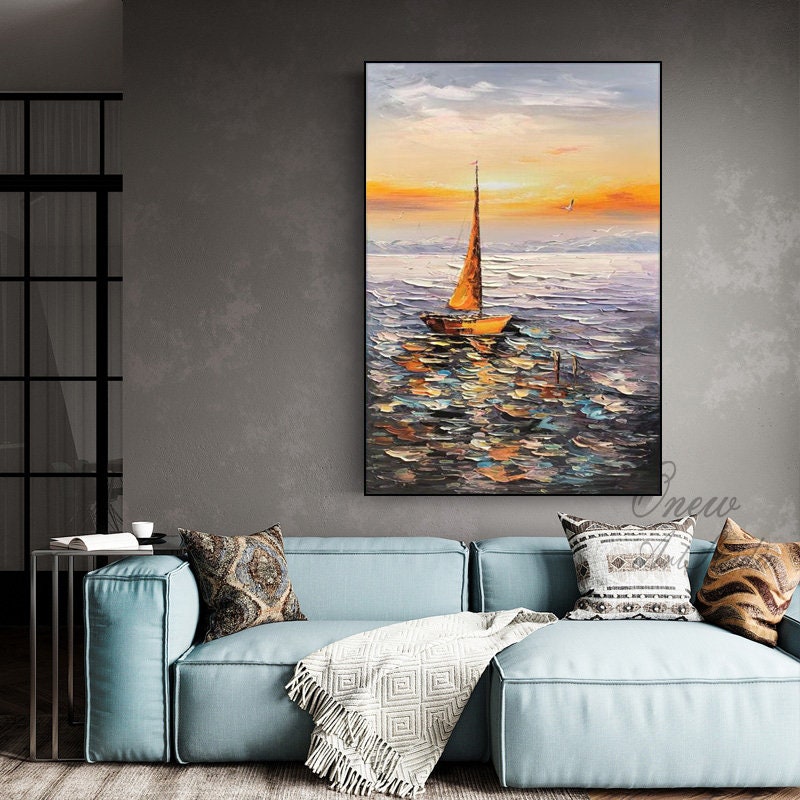 Abstract Seascape Oil Painting on Canvas, Original Sailboat and Sunrise Canvas Wall Art, Ocean Art, Modern Nautical Wall Art for Living Room