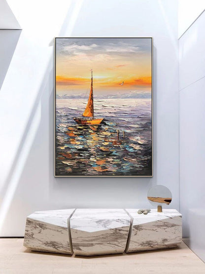 Abstract Seascape Oil Painting on Canvas, Original Sailboat and Sunrise Canvas Wall Art, Ocean Art, Modern Nautical Wall Art for Living Room