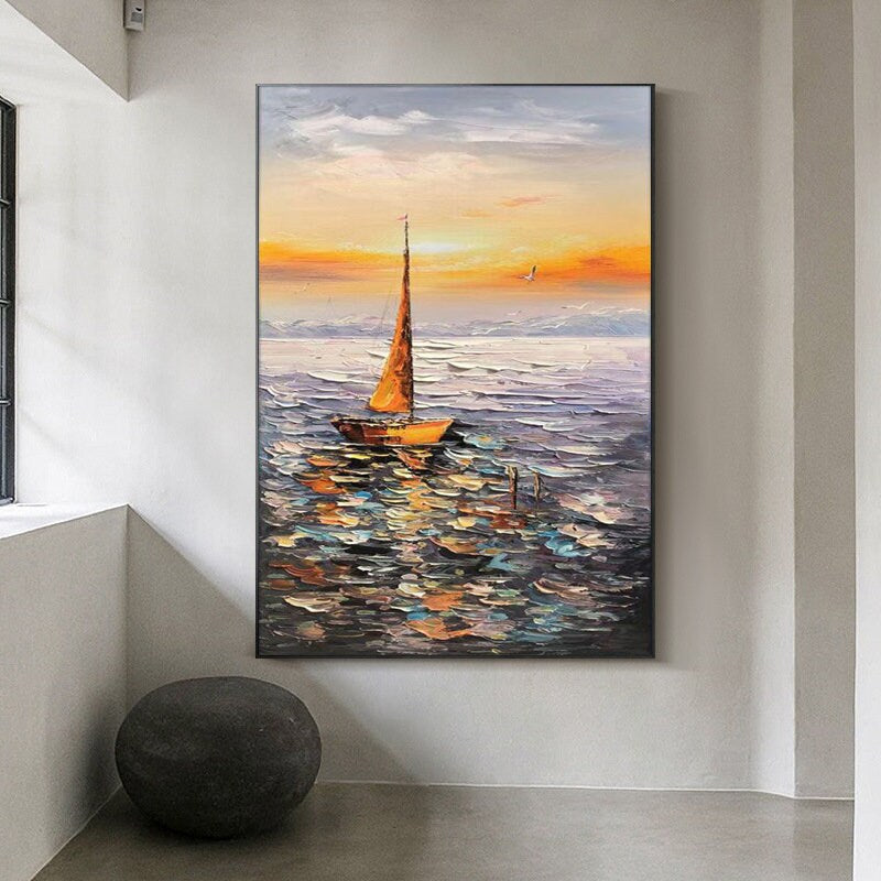 Abstract Seascape Oil Painting on Canvas, Original Sailboat and Sunrise Canvas Wall Art, Ocean Art, Modern Nautical Wall Art for Living Room