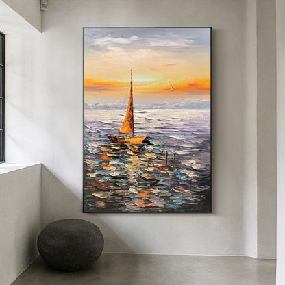 Abstract Seascape Oil Painting on Canvas, Original Sailboat and Sunrise Canvas Wall Art, Ocean Art, Modern Nautical Wall Art for Living Room