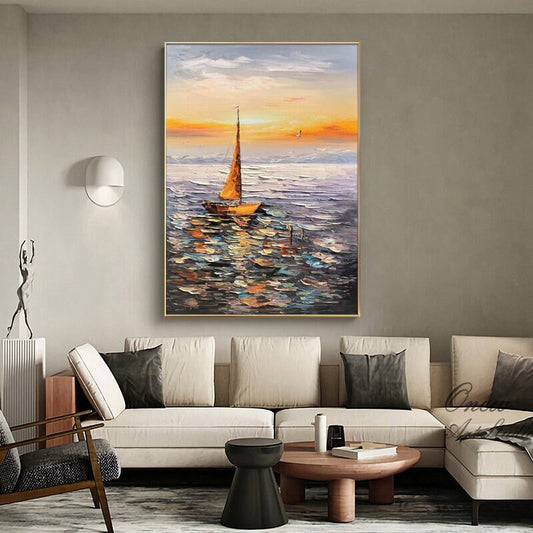 Abstract Seascape Oil Painting on Canvas, Original Sailboat and Sunrise Canvas Wall Art, Ocean Art, Modern Nautical Wall Art for Living Room