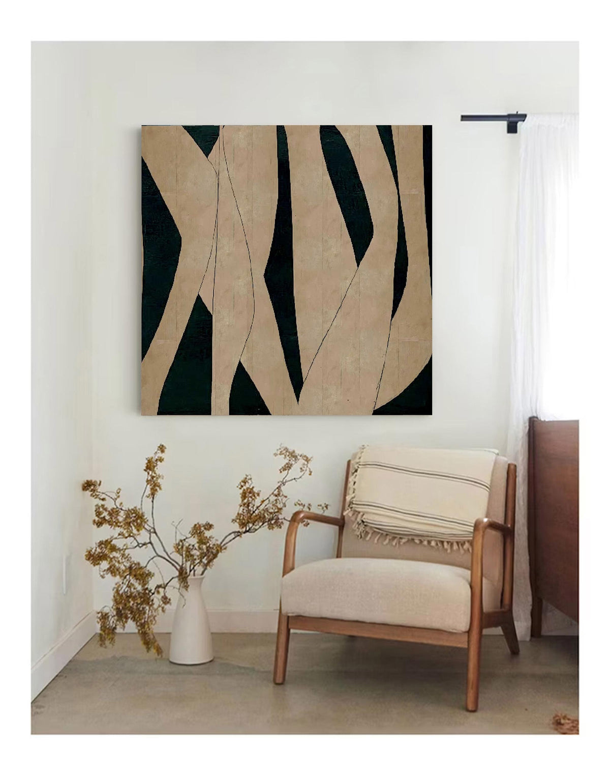 Black Beige Organic Shape Wall Art Dark Green Canvas Painting for Modern Office Decor