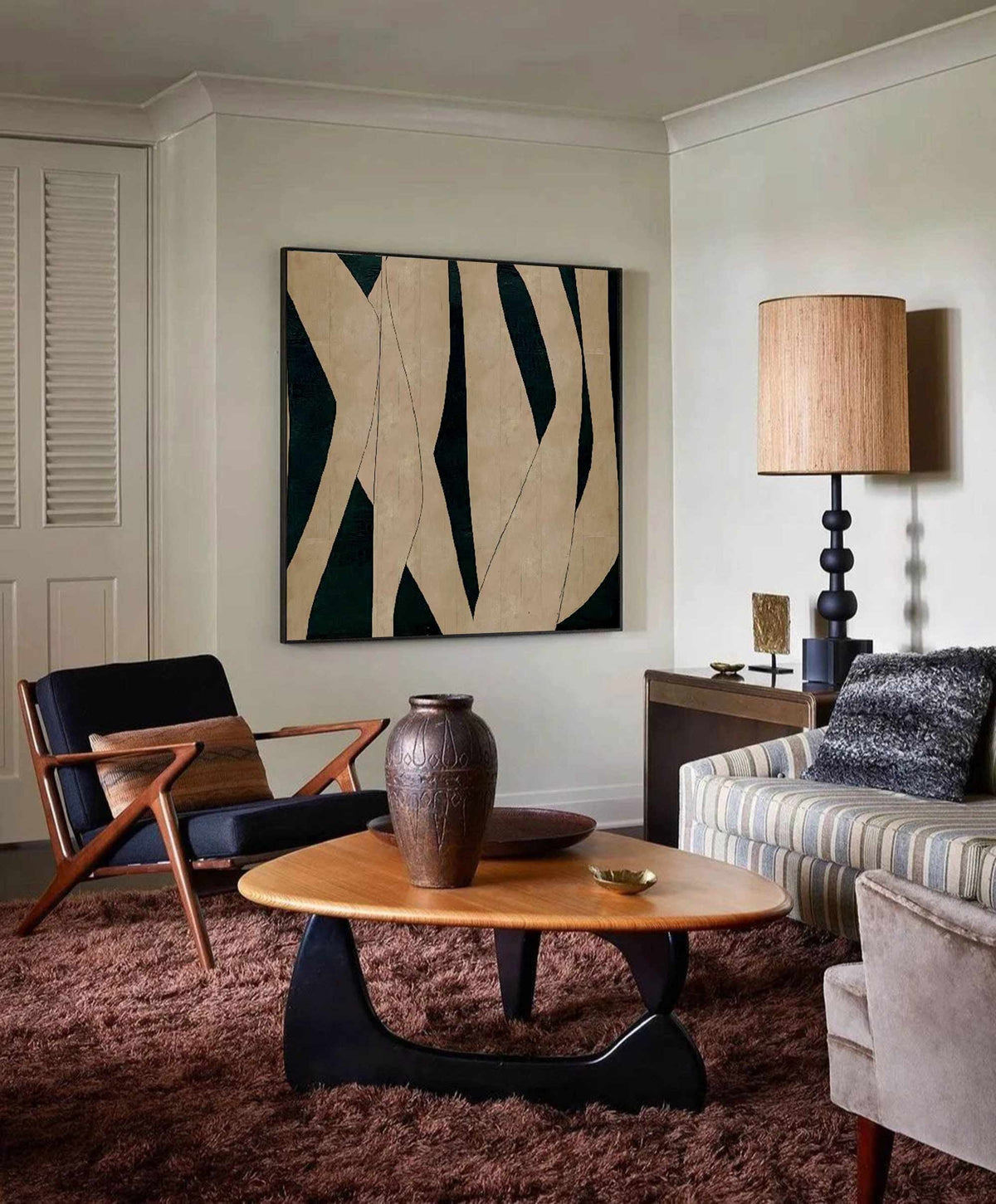 Black Beige Organic Shape Wall Art Dark Green Canvas Painting for Modern Office Decor