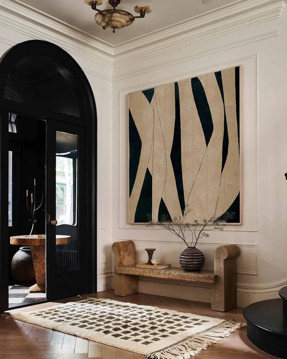 Black Beige Organic Shape Wall Art Dark Green Canvas Painting for Modern Office Decor