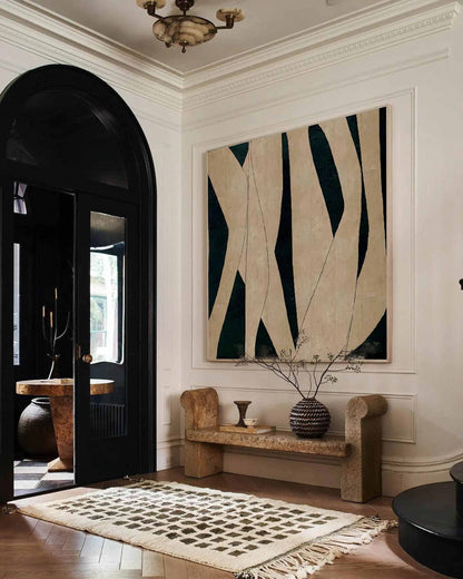 Black Beige Organic Shape Wall Art Dark Green Canvas Painting for Modern Office Decor