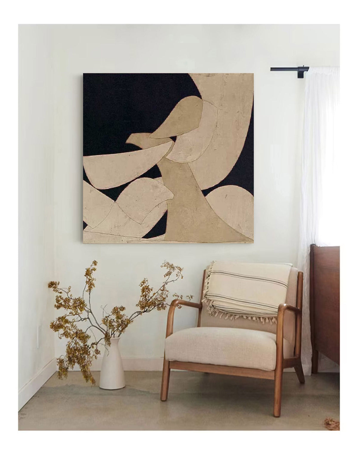 Wabi Sabi Wall Art Beige Black Organic Shape Canvas Painting for Modern Entryway Decor