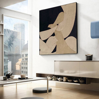 Wabi Sabi Wall Art Beige Black Organic Shape Canvas Painting for Modern Entryway Decor
