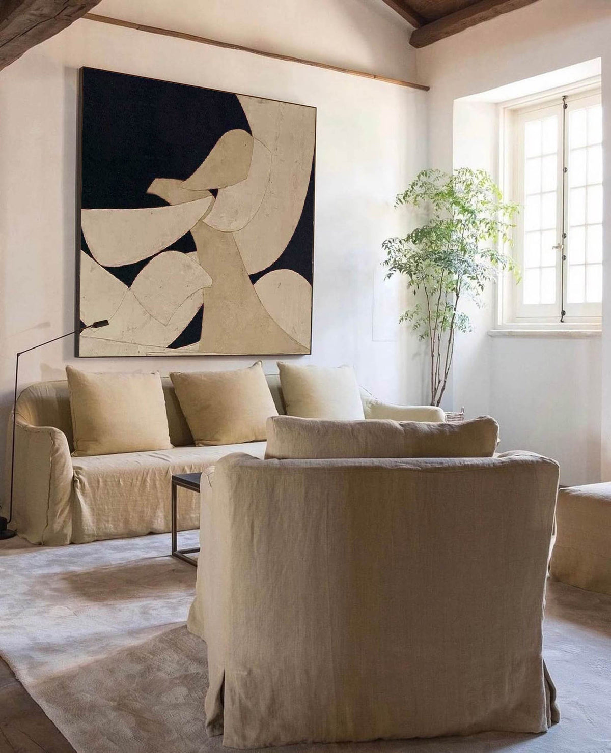 Wabi Sabi Wall Art Beige Black Organic Shape Canvas Painting for Modern Entryway Decor