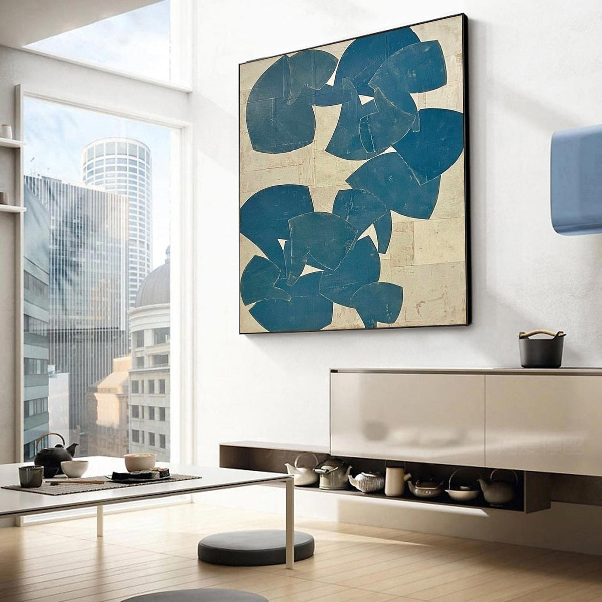 Blue Beige Cutout Shape Wall Art Abstract Textured Canvas Painting for Modern Bedroom Decor