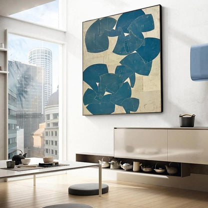 Blue Beige Cutout Shape Wall Art Abstract Textured Canvas Painting for Modern Bedroom Decor
