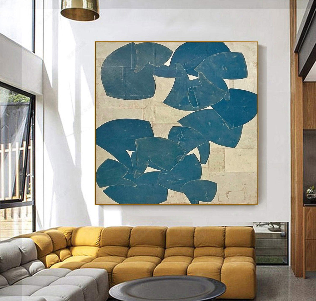 Blue Beige Cutout Shape Wall Art Abstract Textured Canvas Painting for Modern Bedroom Decor