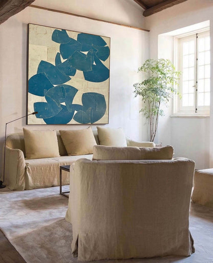 Large Blue Beige Abstract Wall Art Organic Shape Canvas Painting for Living Room Decor