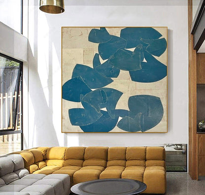 Large Blue Beige Abstract Wall Art Organic Shape Canvas Painting for Living Room Decor