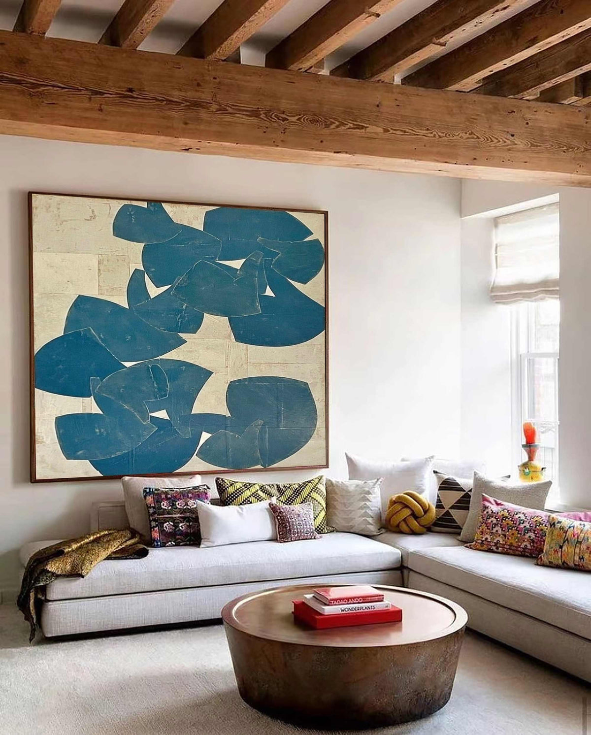 Large Blue Beige Abstract Wall Art Organic Shape Canvas Painting for Living Room Decor