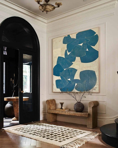 Large Blue Beige Abstract Wall Art Organic Shape Canvas Painting for Living Room Decor