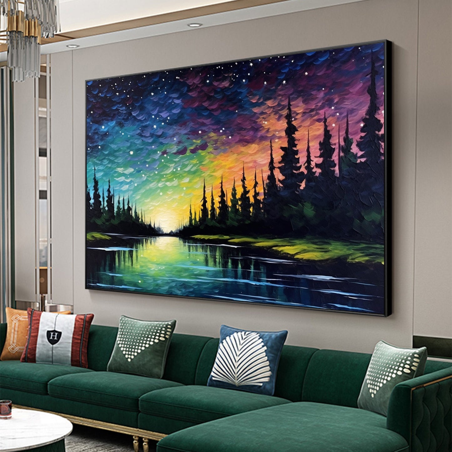 Colorful Abstract Lake Landscape Wall Art – Original Northern Lights