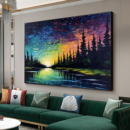 Colorful Abstract Lake Landscape Wall Art – Original Northern Lights