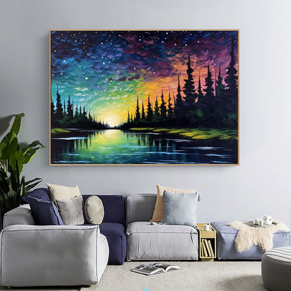 Original Northern Lights – Colorful Lake Landscape Wall Art | Abstract Oil Painting, view 1