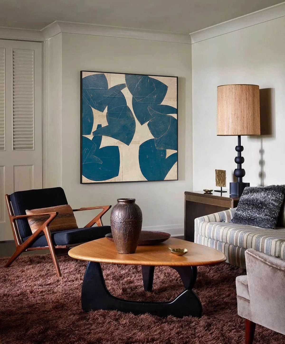 Blue Beige Organic Shape Wall Art Abstract Botanical Canvas Painting for Living Room Decor