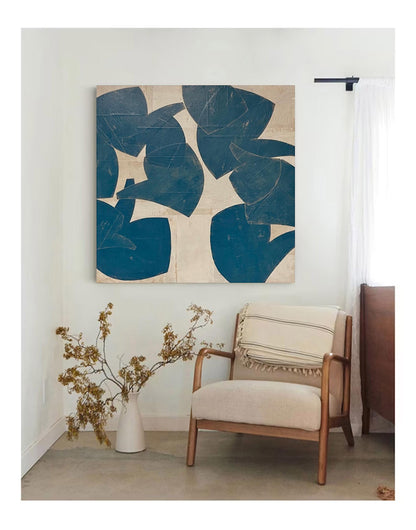 Blue Beige Organic Shape Wall Art Abstract Botanical Canvas Painting for Living Room Decor