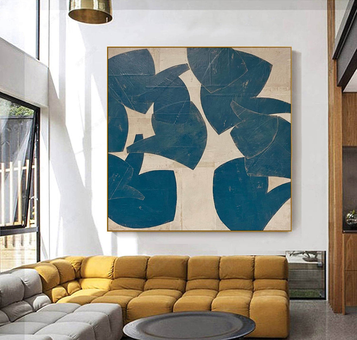 Blue Beige Organic Shape Wall Art Abstract Botanical Canvas Painting for Living Room Decor