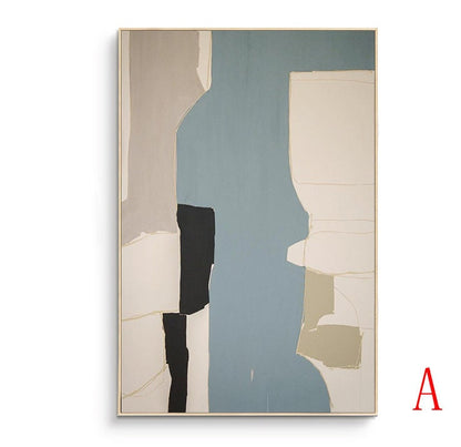 May include: Abstract art print with geometric shapes in shades of beige, black, white, and blue. The print is framed in a light wood frame.
