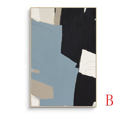 May include: Abstract art print with a blue, black, and beige color scheme. The print features geometric shapes and lines.