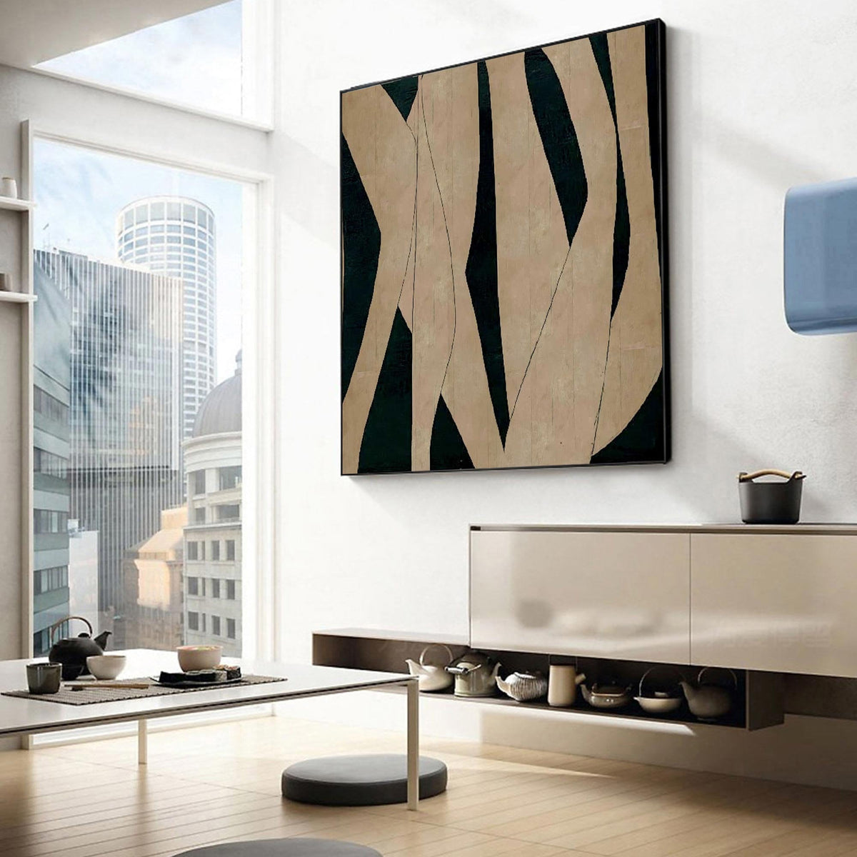 Black Beige Organic Shape Wall Art Dark Green Canvas Painting for Modern Office Decor